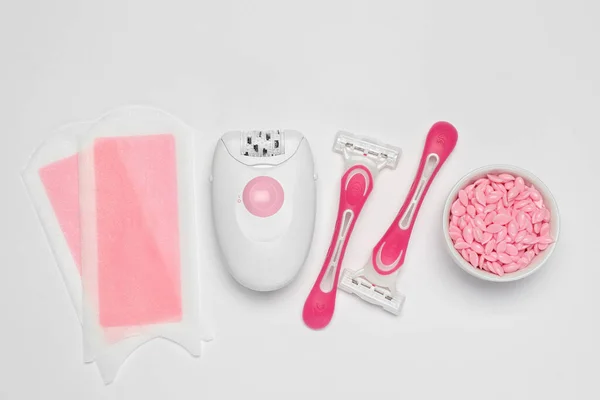 Modern Epilator Other Hair Removal Products White Background Flat Lay — 图库照片