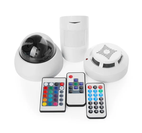 Cctv Camera Remote Controls Smoke Movement Detectors White Background Home — Fotografia de Stock