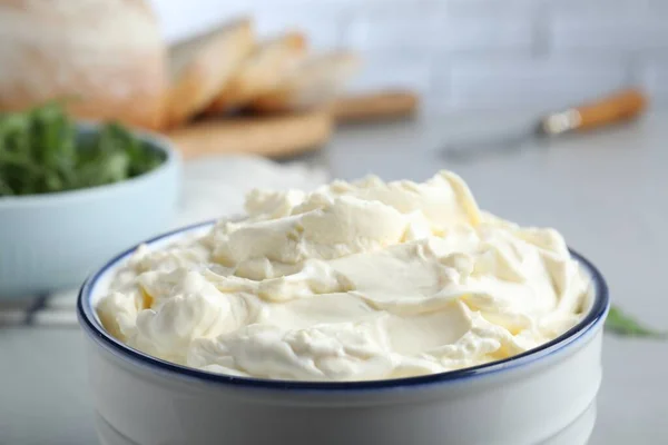 Bowl Tasty Cream Cheese Grey Table Closeup — Stock Photo, Image