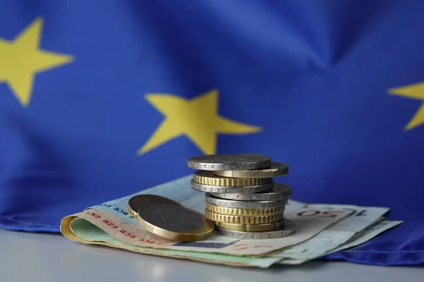 Coins Banknotes European Union Flag Table Closeup — Stockfoto