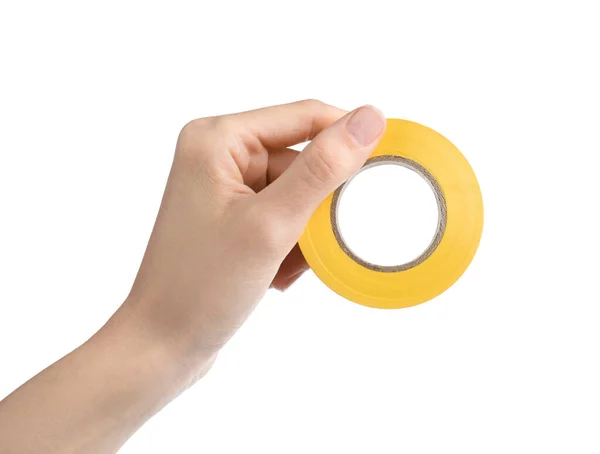 Woman Holding Yellow Insulating Tape White Background Closeup — Photo