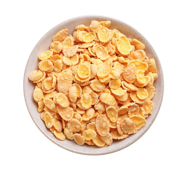 Bowl Tasty Crispy Corn Flakes Isolated White Top View — Stockfoto