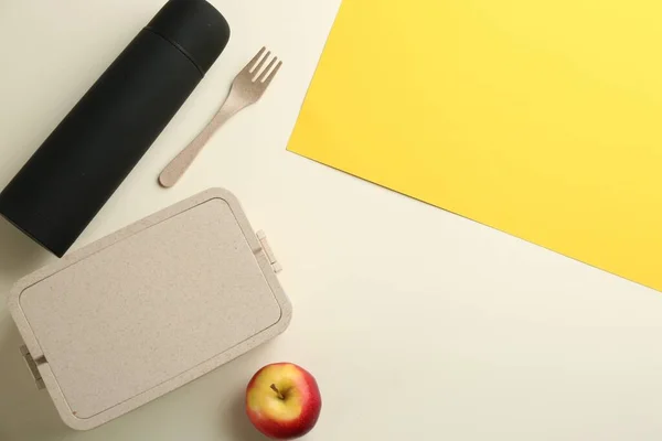 Thermos Lunch Box Apple Color Background Flat Lay Space Text — 스톡 사진