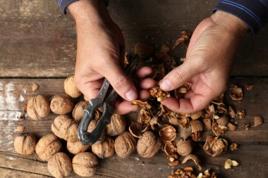 Man cracking walnuts at wooden table, closeup