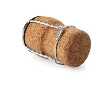 Sparkling wine cork with muselet cap isolated on white