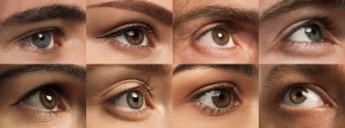 Collage with photos of people with beautiful eyes of different colors. Banner design