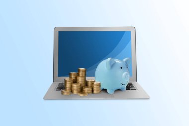 Piggy bank with different height coin stacks and laptop on light blue background. Online banking