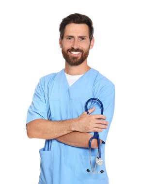 Portrait of doctor in scrubs with with stethoscope on white background