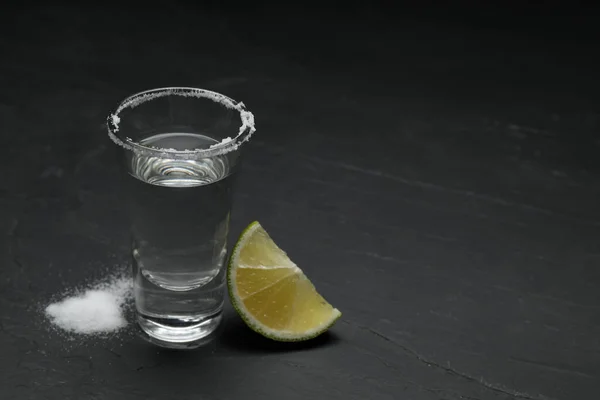 Mexican Tequila Shot Salt Lime Slice Black Table Space Text — Stock Photo, Image