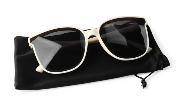 Stylish Sunglasses Black Cloth Bag White Background —  Fotos de Stock