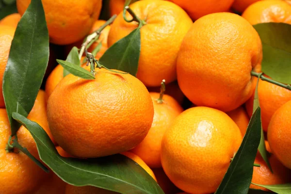 Färska Mogna Tangeriner Med Blad Som Bakgrund Närbild Citrusfrukter — Stockfoto