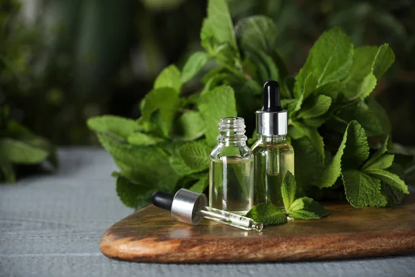 Bottles Mint Essential Oil Pipette Green Leaves Grey Wooden Table — Stockfoto