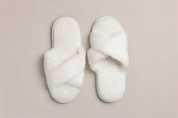 Pair Soft Fluffy Slippers Light Grey Background Top View — Photo