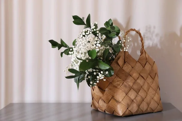 Stylish Wicker Basket Bouquet Flowers Wooden Table Indoors Space Text — Photo