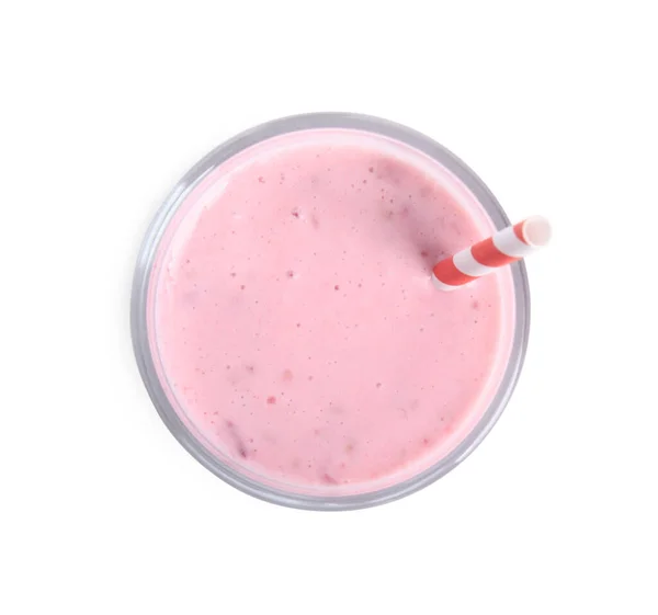 Tasty Raspberry Smoothie Glass Isolated White Top View — ストック写真