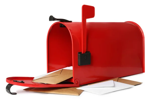 Beyaz Arkaplanda Yazışmaları Olan Kırmızı Posta Kutusunu — Stok fotoğraf