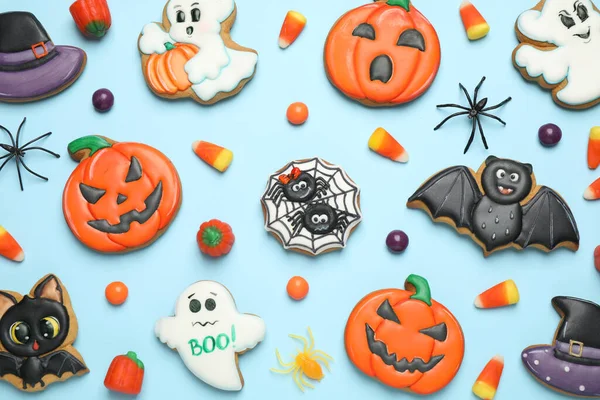 Tasty Cookies Sweets Halloween Party Light Blue Background Flat Lay — Stock Photo, Image