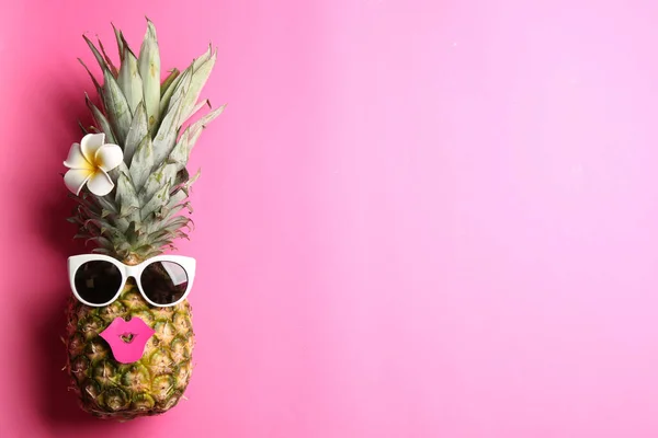 Top View Funny Pineapple Sunglasses Lips Plumeria Flower Pink Background — Photo