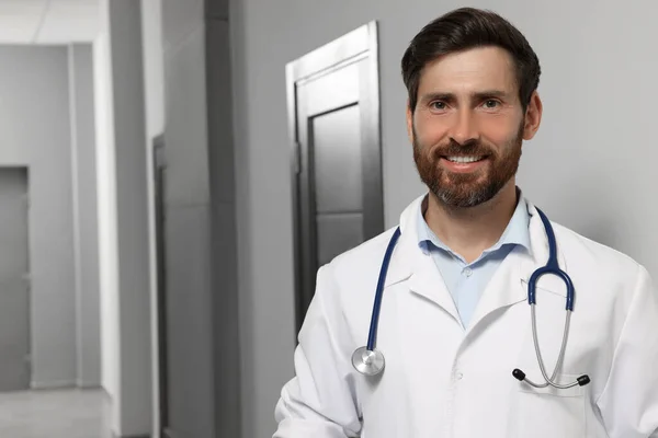 Doctor White Coat Stethoscope Indoors Space Text — Foto Stock