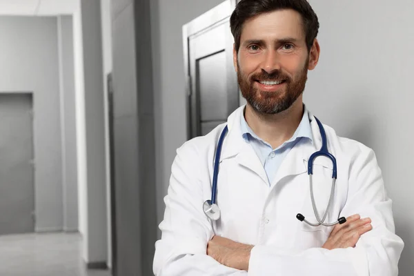 Doctor White Coat Stethoscope Indoors Space Text — 스톡 사진