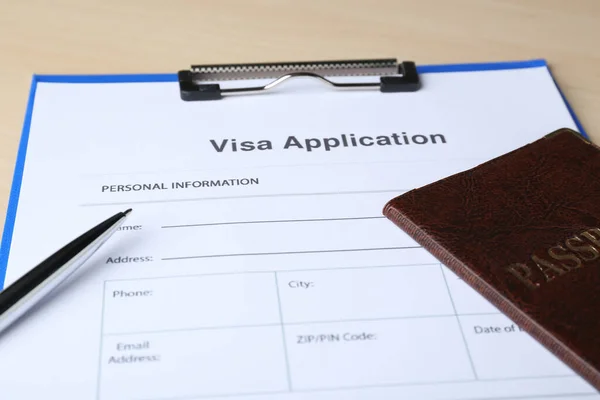Visa Application Form Immigration Passport Pen Table Closeup — Stock fotografie