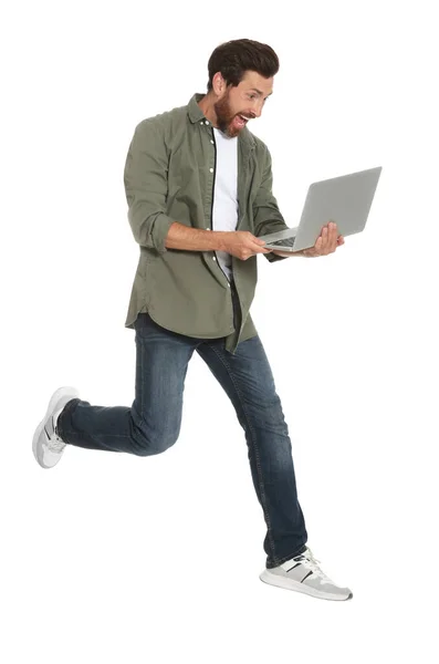 Handsome Man Laptop Running White Background — ストック写真