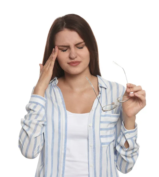 Young Woman Suffering Eyestrain White Background — Stockfoto
