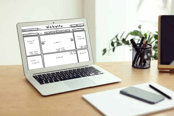 Laptop Sketch Website Planning Design Wooden Table — 图库照片