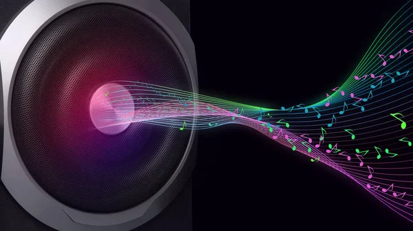 Modern Powerful Audio Speaker Sound Waves Dark Background — Stockfoto