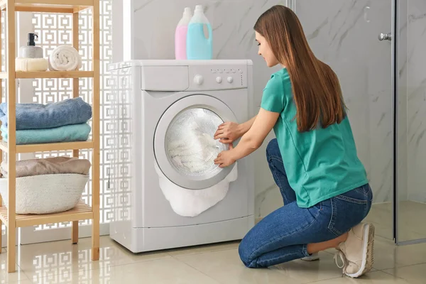 Woman Broken Washing Machine Room Foam Coming Out Drum Laundering — Zdjęcie stockowe