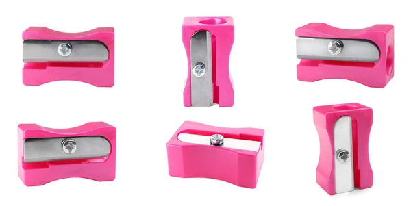 Set Pink Pencil Sharpeners White Background Banner Design — Stok fotoğraf