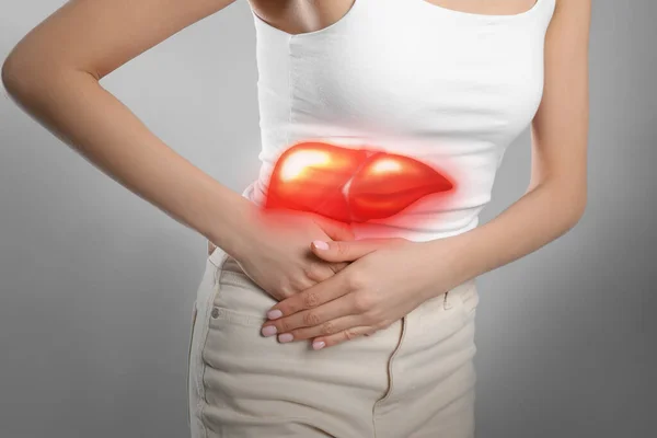 Woman Suffering Liver Pain Grey Background Closeup — Stock Photo, Image