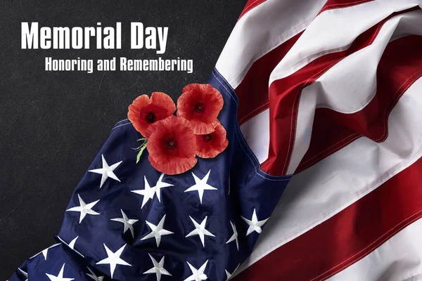 Memorial Day Honoring Remembering American Flag Red Poppy Flowers Black — Foto Stock