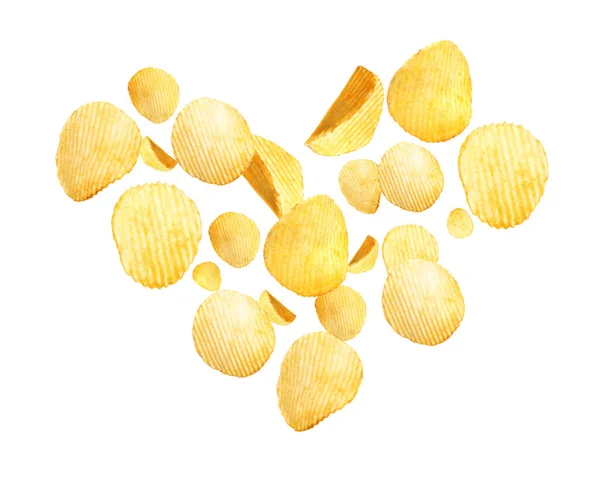 Heart Made Tasty Potato Chips White Background — Stock Photo, Image