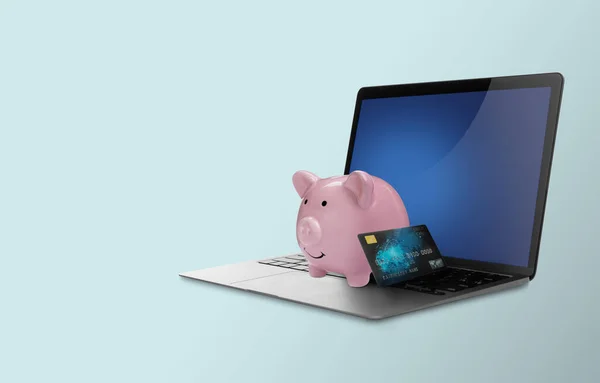 Piggy Bank Credit Card Laptop Light Blue Background Online Banking — Fotografia de Stock