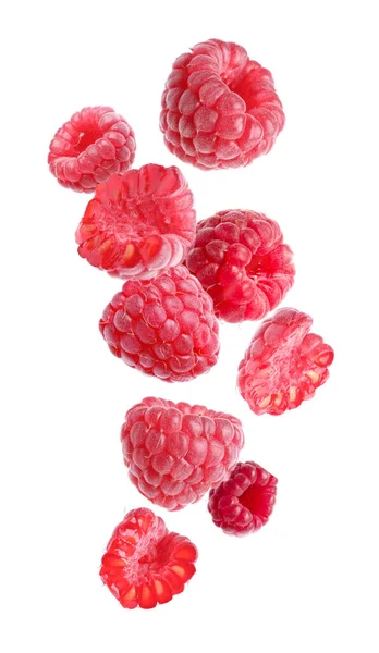 Delicious Ripe Raspberries Flying White Background — Stockfoto