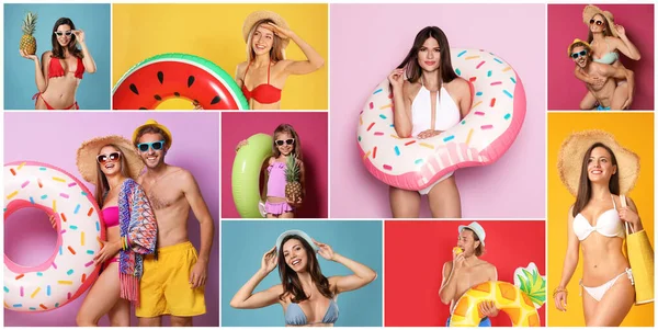 Collage Beautiful Photos Themed Summer Party Vacation Happy People Wearing — Stockfoto