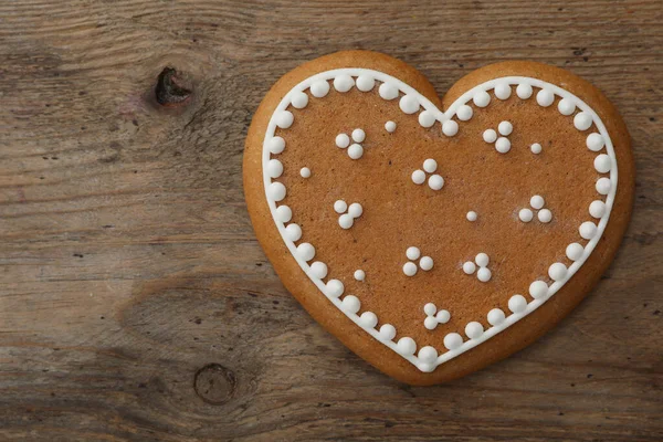 Heart Shaped Christmas Cookie Wooden Table Top View Space Text — Zdjęcie stockowe