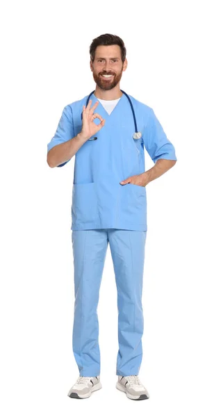 Full Length Portrait Doctor Scrubs White Background — Stock Photo, Image