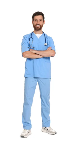 Full Length Portrait Doctor Scrubs White Background — Stockfoto