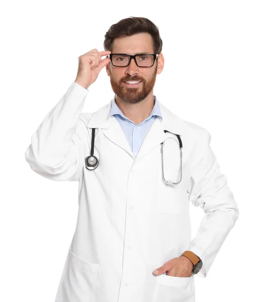 Portrait Médecin Avec Stéthoscope Sur Fond Blanc — Photo