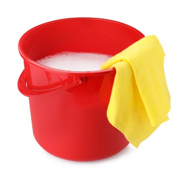 Red bucket with detergent and rag isolated on white