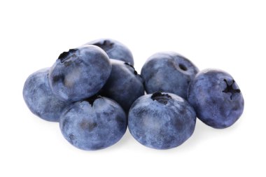 Pile of tasty fresh ripe blueberries on white background