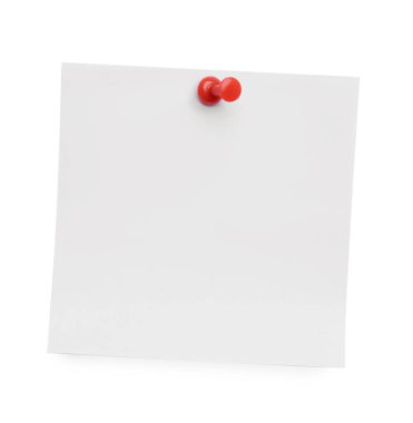 Blank note pinned on white background, top view
