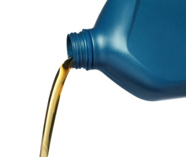 Pouring motor oil from blue container on white background, closeup