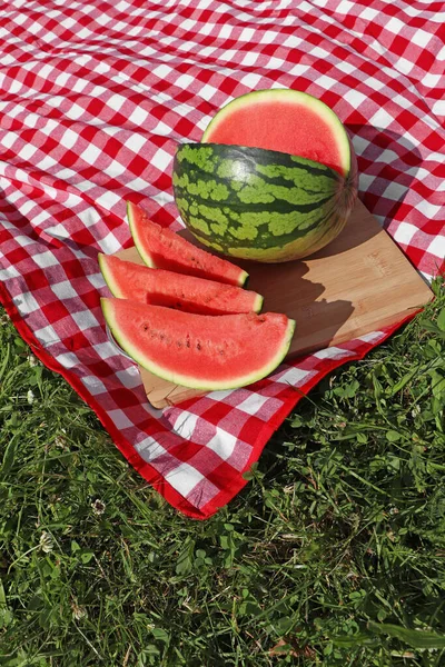 Delicious Cut Watermelon Red Checkered Blanket Outdoors — Stock Photo, Image