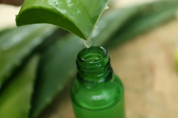 Aloe Vera Juice Dripping Leaf Bottle Blurred Background Closeup — Stok fotoğraf