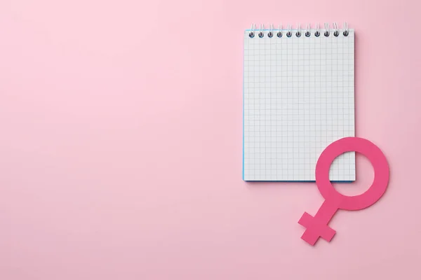 Female Gender Sign Women Health Symbol Notebook Pink Background Top — Stockfoto