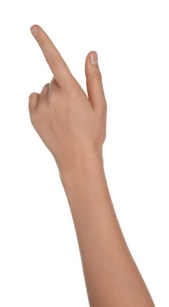 Woman Pointing Something White Background Closeup Hand — Stock Photo, Image