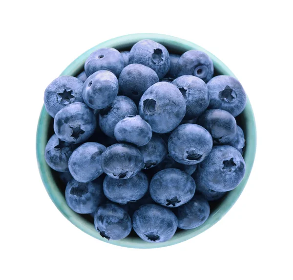 Tasty Fresh Ripe Blueberries Bowl White Background Top View — Zdjęcie stockowe